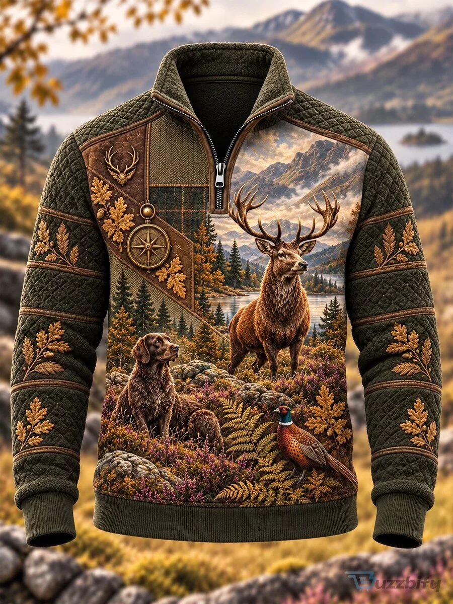 Hunting Season Deer and Dog Forest Landscape Quarter Zip Sweatshirt