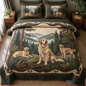 Golden Retriever Dogs Woodland Forest Landscape Quilted Bedding Set
