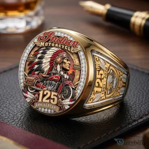 Indian Motorcycle 125th Anniversary Gold Tone Diamond Cut Ring