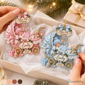 Personalized Baby's First Christmas Carriage Ornament with Name and Year
