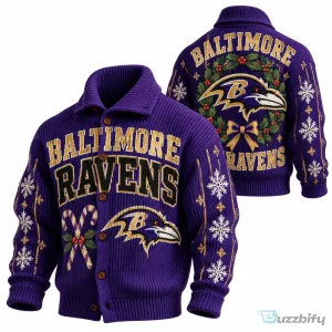 Knit Cardigan Featuring Ugly Christmas Design for Baltimore Ravens Fans