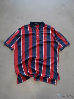Vintage Ralph Lauren Striped Polo Shirt for Men, Red and Navy Blue Vertical Stripes