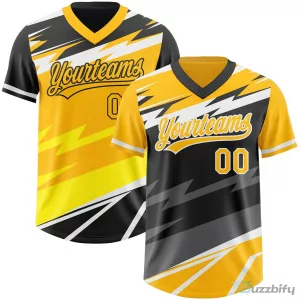 Custom Gold Black Lightning Geometric Zigzag Reversible Pullover Baseball Jersey