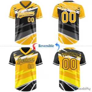Custom Gold Black Lightning Geometric Zigzag Reversible Pullover Baseball Jersey