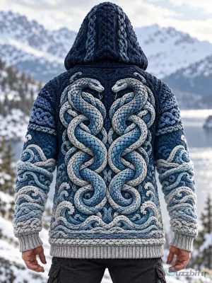Viking Serpent Knotwork Hooded Cardigan Sweater for Men