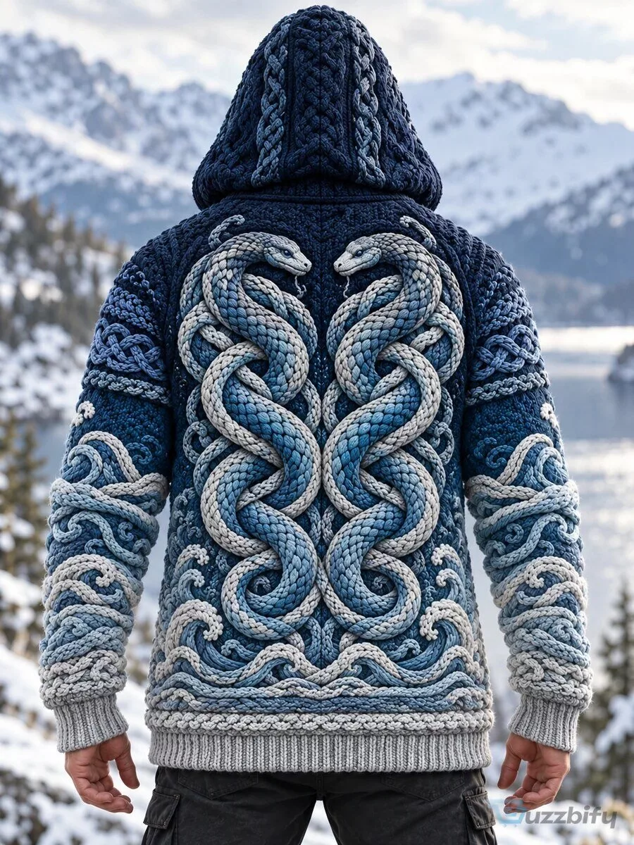 Viking Serpent Knotwork Hooded Cardigan Sweater for Men
