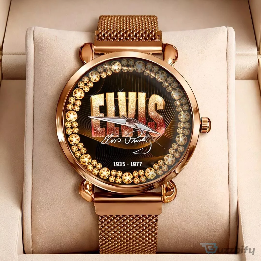 Elvis Presley Gold Tone Mesh Strap Quartz Watch with Crystal Embellishments