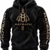 Maybach Luxury Car Brand Black and Gold Embroidered Fleece Hoodie