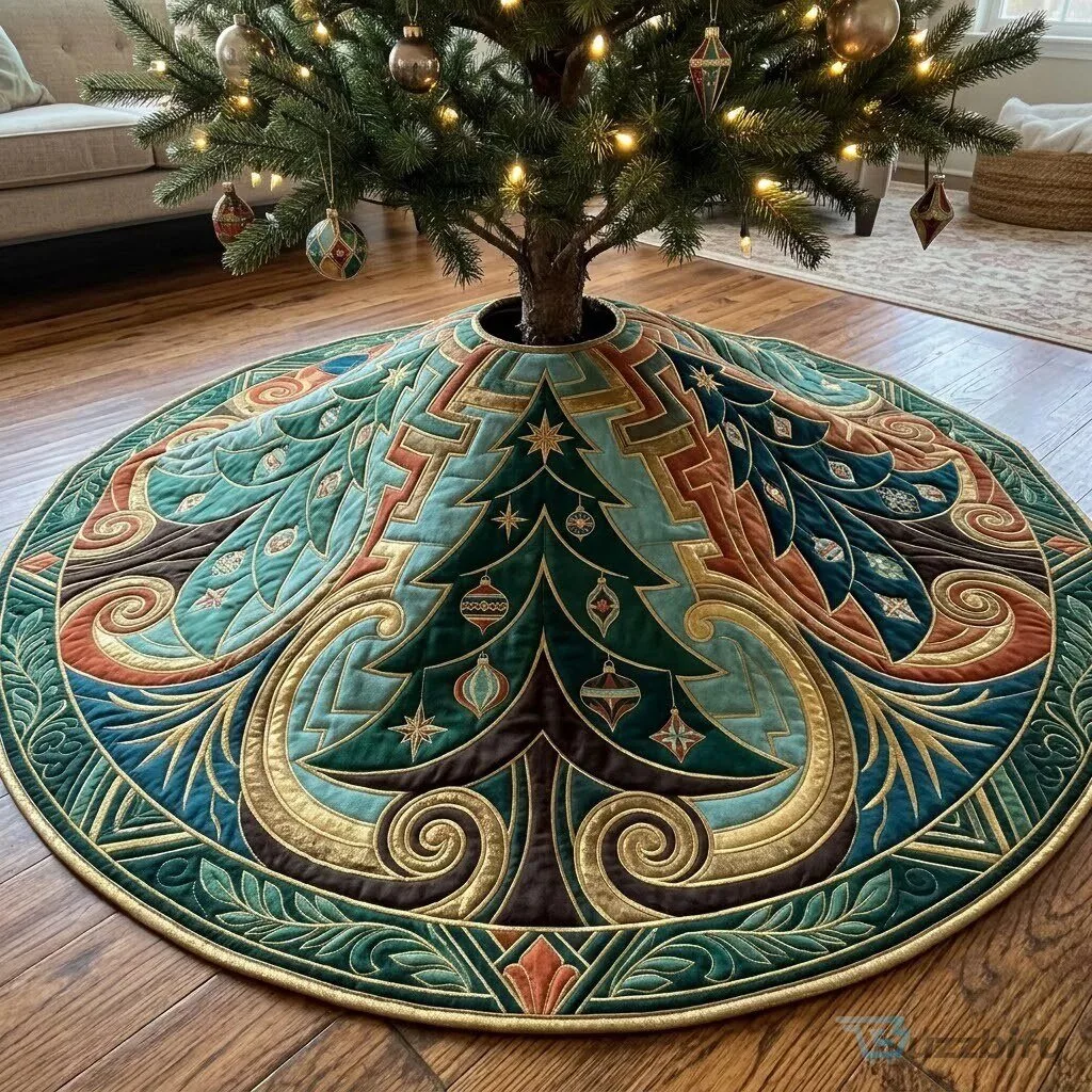 Christmas Tree Golden Labyrinth Quilted Tree Skirt