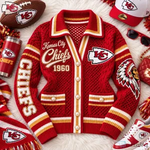 Red Open Knit Cardigan Sweater for Women - Kansas City Chiefs