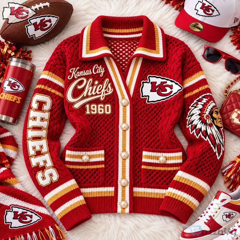 Red Open Knit Cardigan Sweater for Women - Kansas City Chiefs