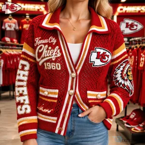 Red Open Knit Cardigan Sweater for Women - Kansas City Chiefs