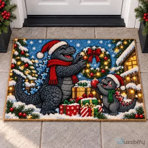 Godzilla And Minilla Christmas Holiday Scene Doormat