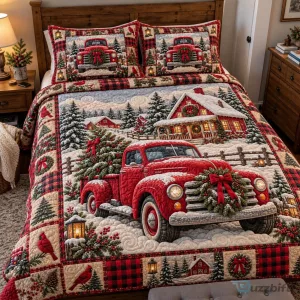 Christmas Farmhouse Red Truck Winter Scene Quilted Bedding Set