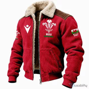 Wales Rugby Union Red Corduroy Fleece Lined Bomber Jacket