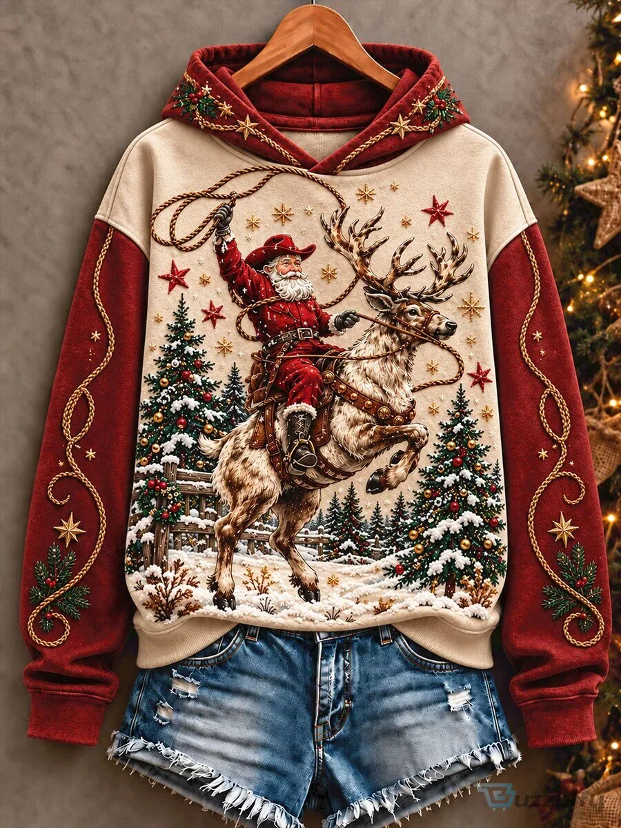 Western Santa Claus Riding Reindeer Christmas Snow Scene Women