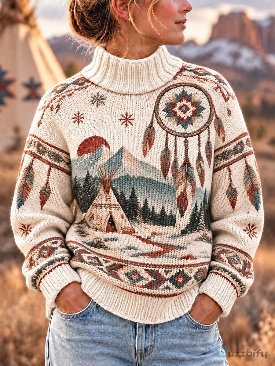 Native American Dreamcatcher Mountain Forest Pattern Cream Knitted Sweater