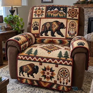 Native Wilderness Harmony Quilted Recliner Cover with Bear and Buffalo Design