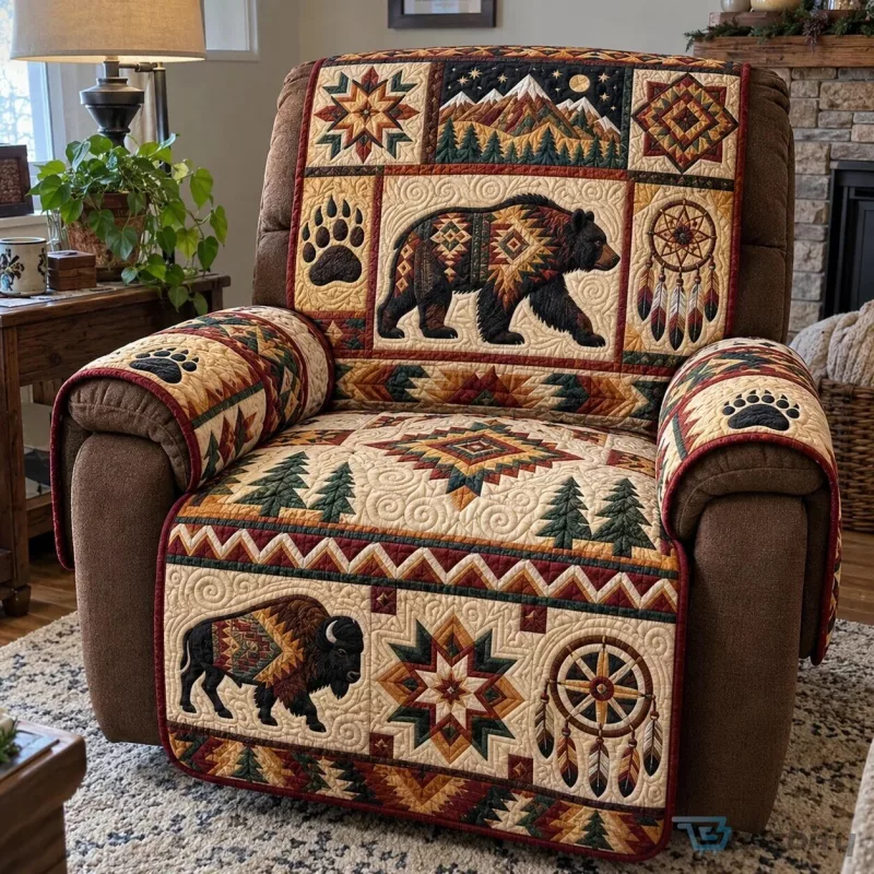 Native Wilderness Harmony Quilted Recliner Cover with Bear and Buffalo Design