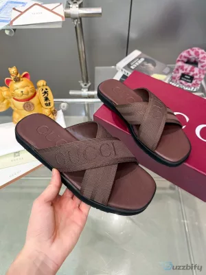 Gucci Interlocking G Brown Cross Strap Slide Sandals for Men