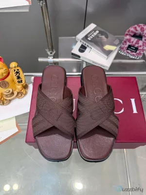 Gucci Interlocking G Brown Cross Strap Slide Sandals for Men