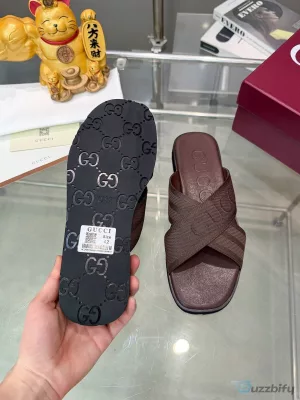 Gucci Interlocking G Brown Cross Strap Slide Sandals for Men
