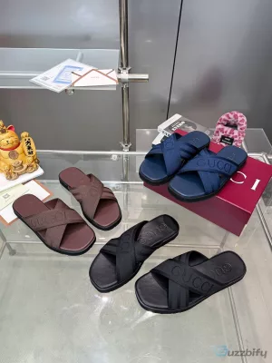 Gucci Interlocking G Brown Cross Strap Slide Sandals for Men