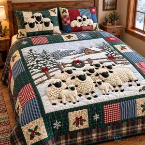 Winter Farm Sheep Family Quilted Bedding Set with Pillow Shams