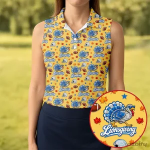 Detroit Lions Thanksgiving Turkey Football Pattern Sleeveless Polo Shirt for Women