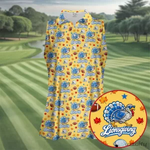Detroit Lions Thanksgiving Turkey Football Pattern Sleeveless Polo Shirt for Women