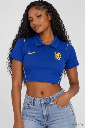 Chelsea Football Club Women's Cropped Polo Shirt with Yellow Trim