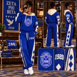 Zeta Phi Beta Sorority Royal Blue and Cream Tracksuit Hoodie and Sweatpants Set