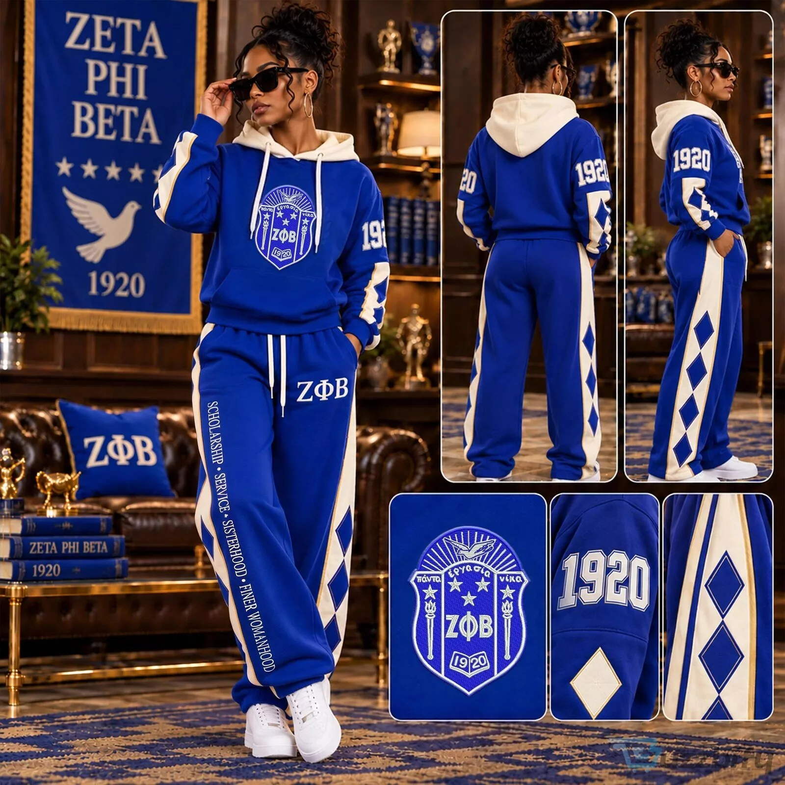 Zeta Phi Beta Sorority Royal Blue and Cream Tracksuit Hoodie and Sweatpants Set