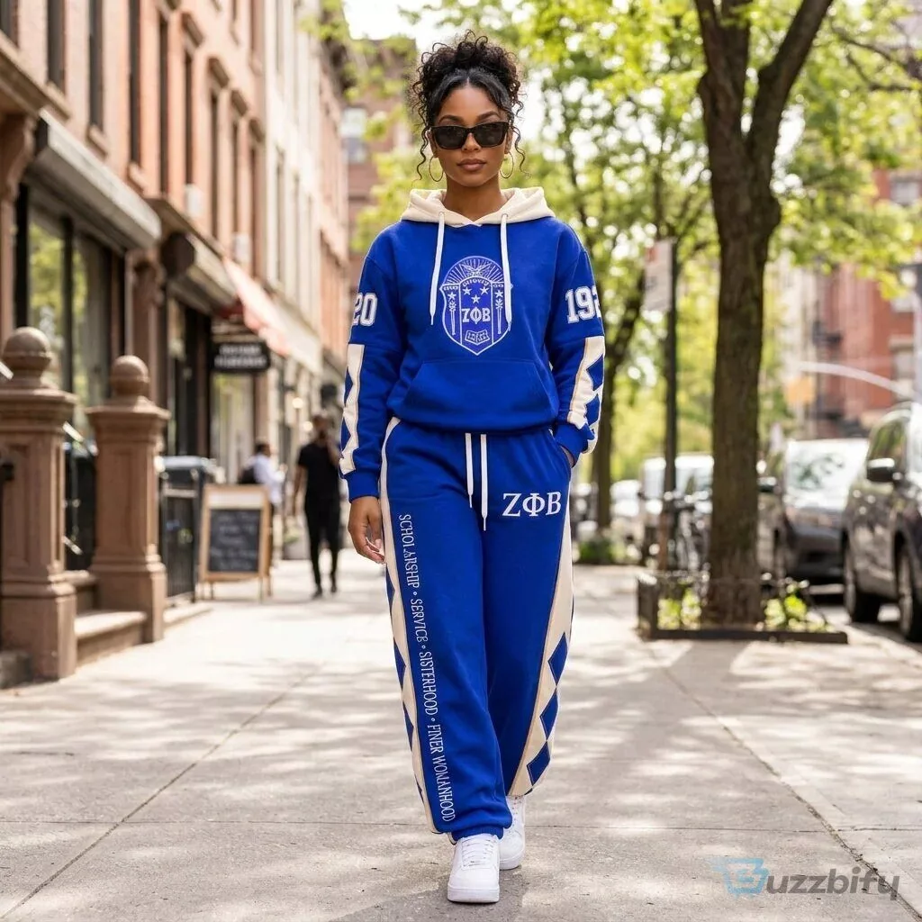 Zeta Phi Beta Sorority Royal Blue and Cream Tracksuit Hoodie and Sweatpants Set