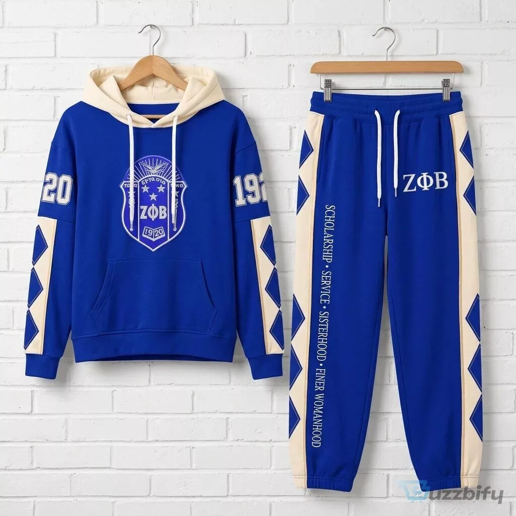 Zeta Phi Beta Sorority Royal Blue and Cream Tracksuit Hoodie and Sweatpants Set